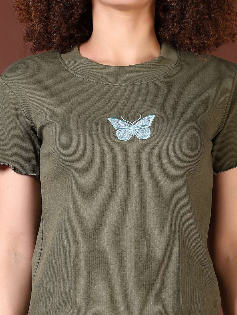 women olive solid with work round neck t-shirt - 21668424 - Standard Image - 5