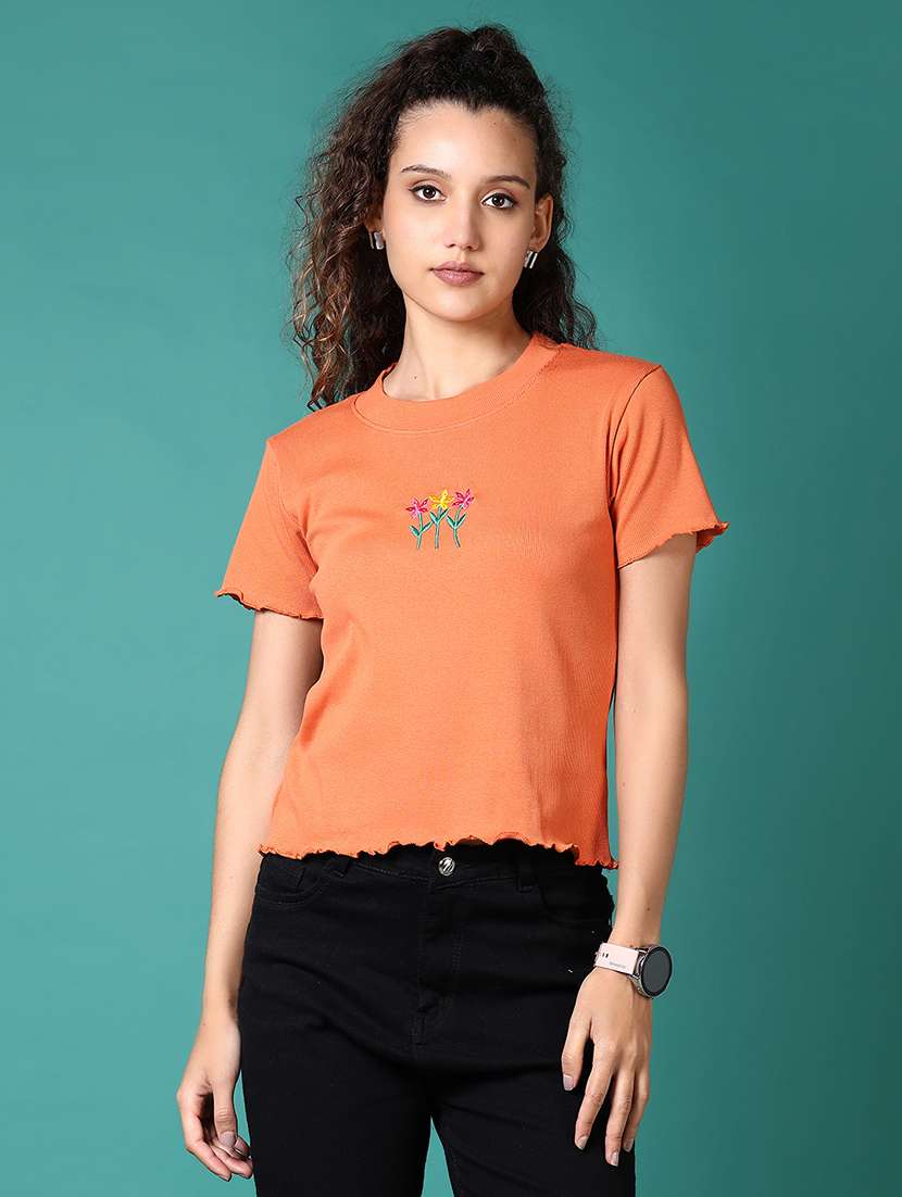 women solid with work round neck t-shirt - 21668425 - Zoom Image - 0