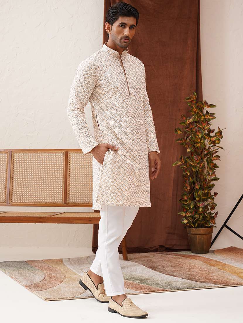 men solid with work mandarin neck kurta pyjama ethnic wear set - 21668492 -  Standard Image - 3