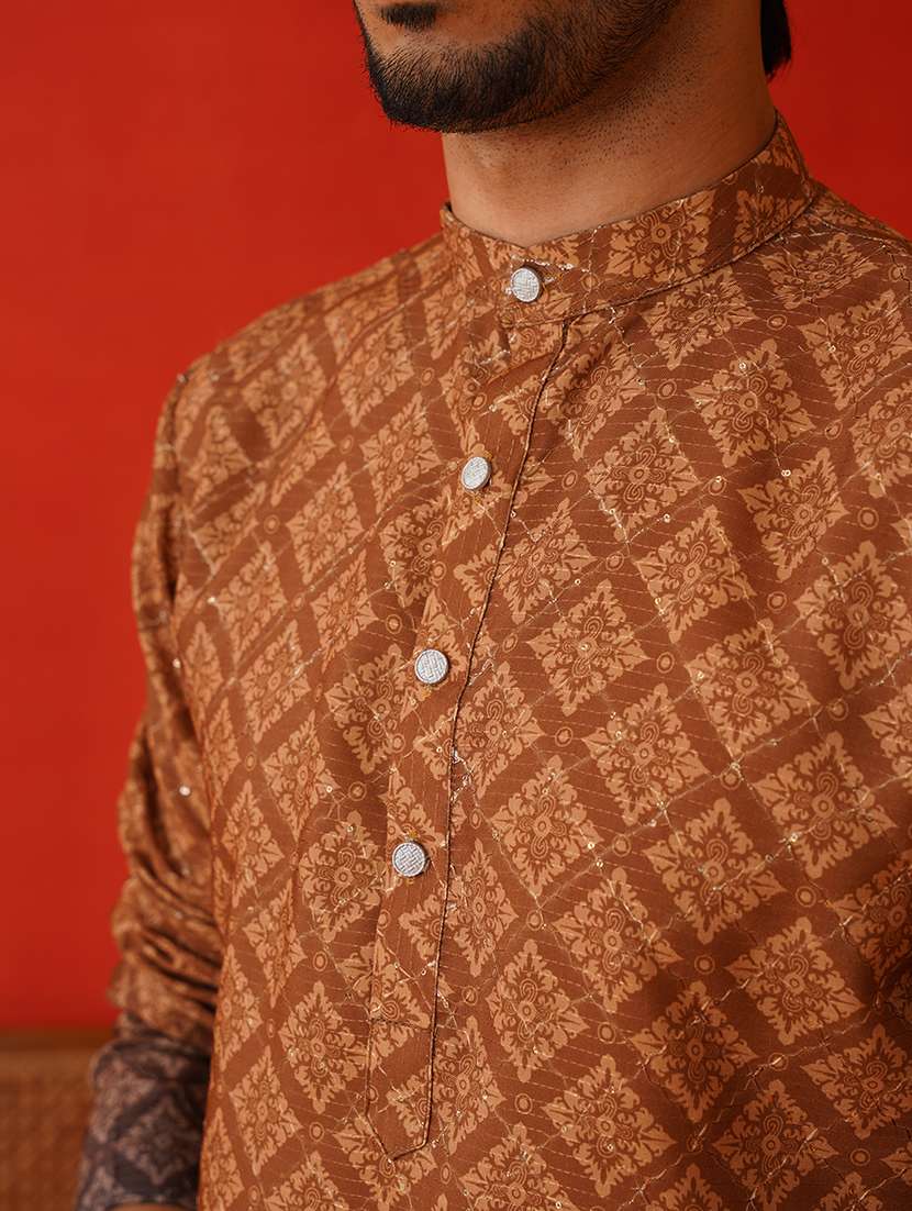 men printed mandarin neck kurta pyjama ethnic wear set - 21668495 -  Standard Image - 5