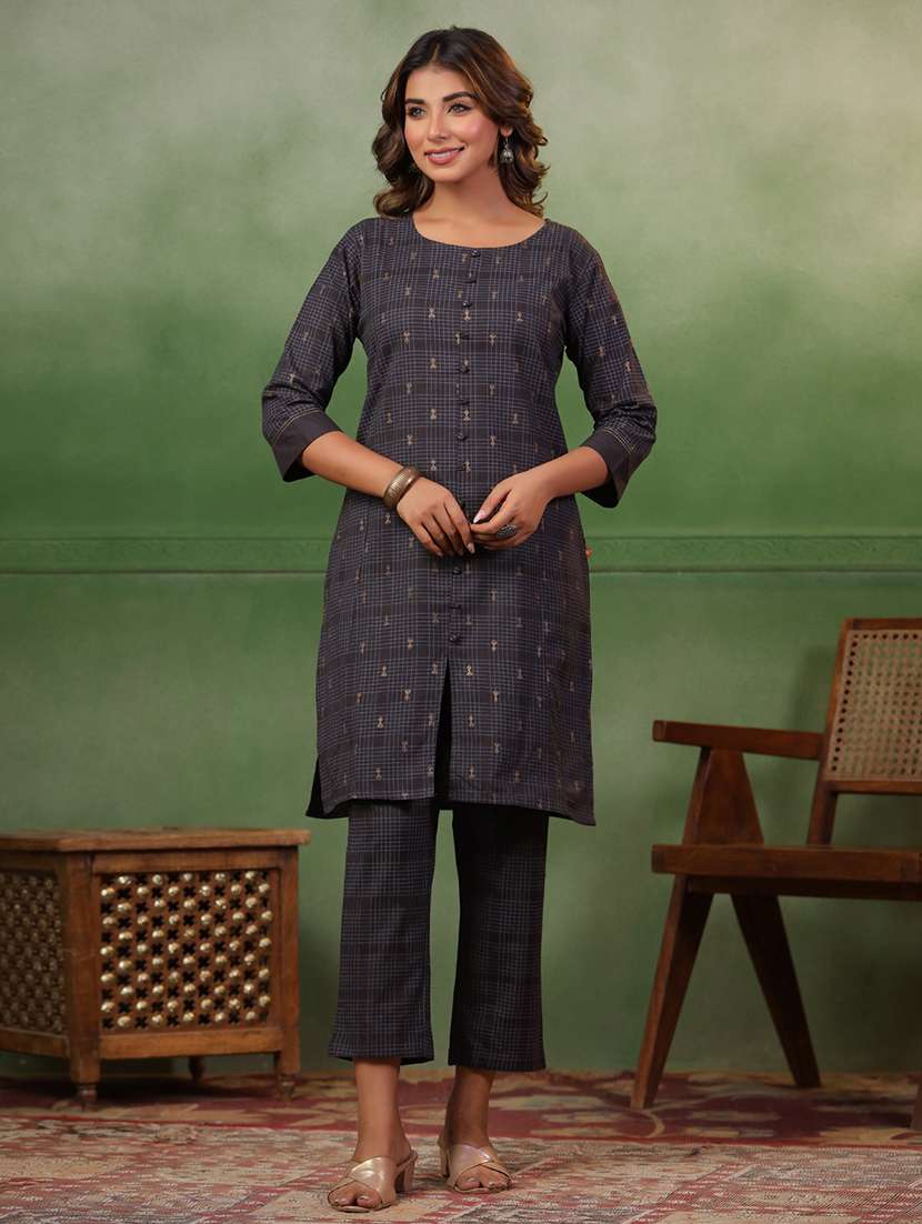 women grey printed round neck kurta pant set