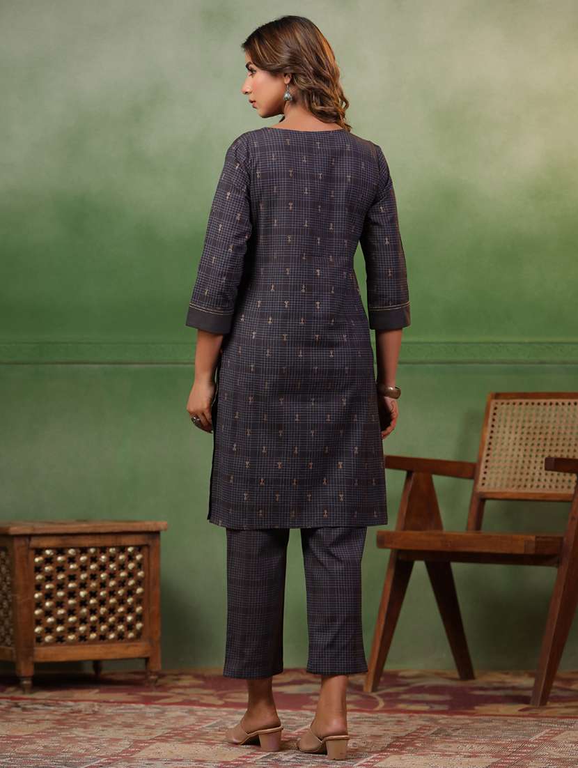women grey printed round neck kurta pant set - 21668559 -  Standard Image - 3