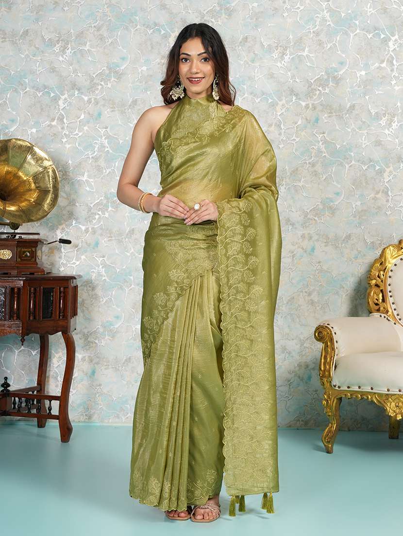 women olive embroidered saree with blouse - 21668646 - Zoom Image - 0
