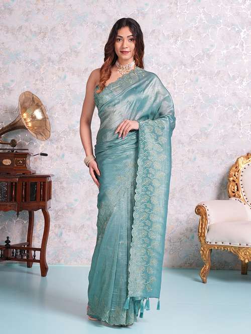 women turquoise embroidered saree with blouse - 21668647 - Standard Image - 0