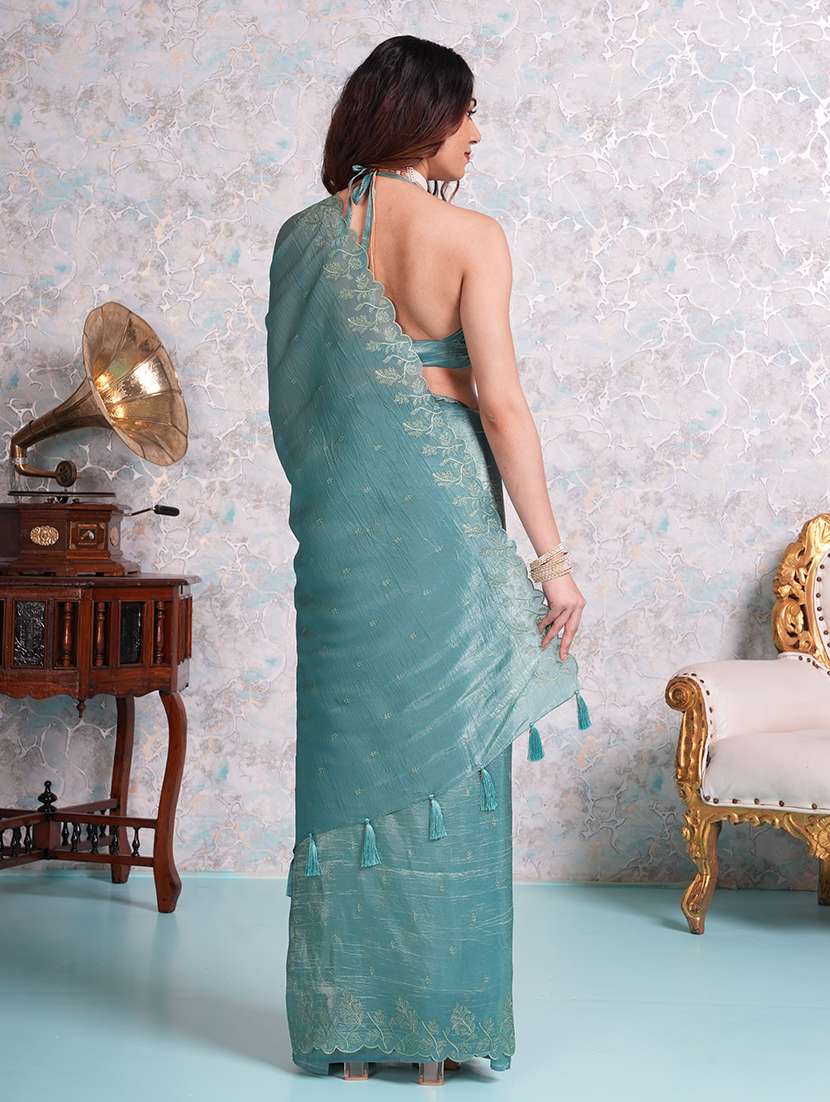 women turquoise embroidered saree with blouse - 21668647 - Standard Image - 3