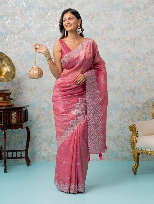 women pink embroidered saree with blouse - 21668657 -  Standard Image - 0