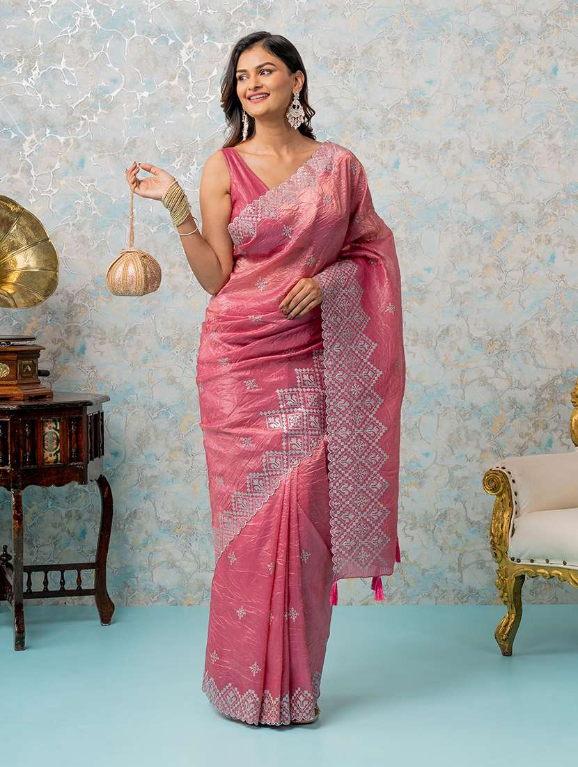 women pink embroidered saree with blouse - 21668657 -  Zoom Image - 0