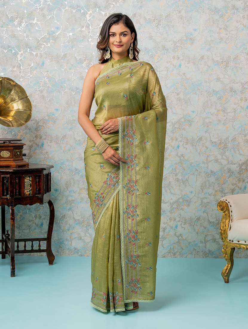 women olive embroidered saree with blouse - 21668662 - Zoom Image - 0