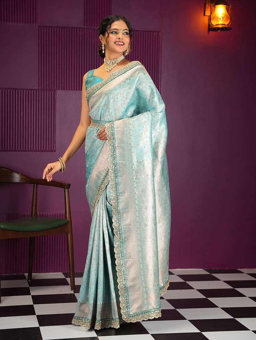 women light blue self design banarasi saree with blouse - 21668676 -  Zoom Image - 0