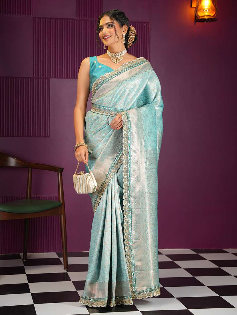 women light blue self design banarasi saree with blouse - 21668676 - Standard Image - 3