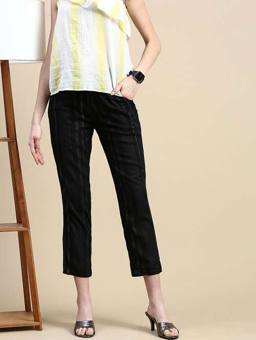 women black striped mid rise straight trouser - 21669009 - Standard Image - 0