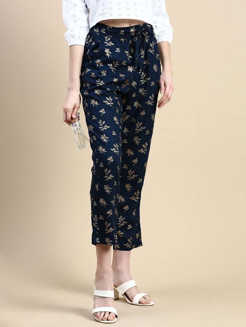 women navy blue printed mid rise straight trouser - 21669010 -  Zoom Image - 0