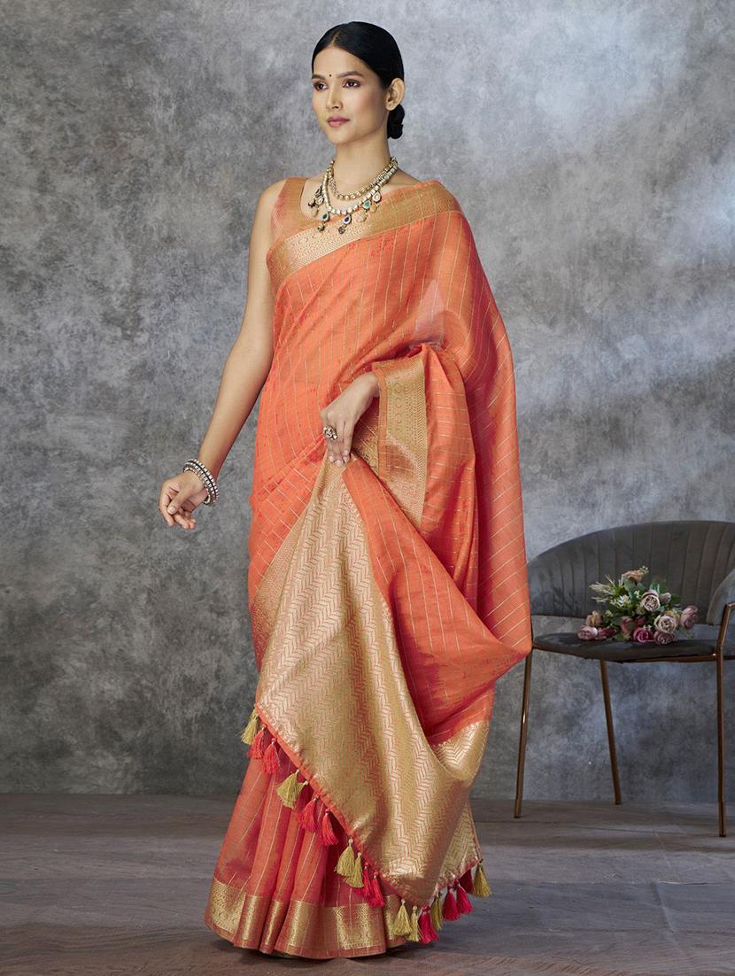 orange cotton chanderi saree with blouse - 21669032 - Zoom Image - 0
