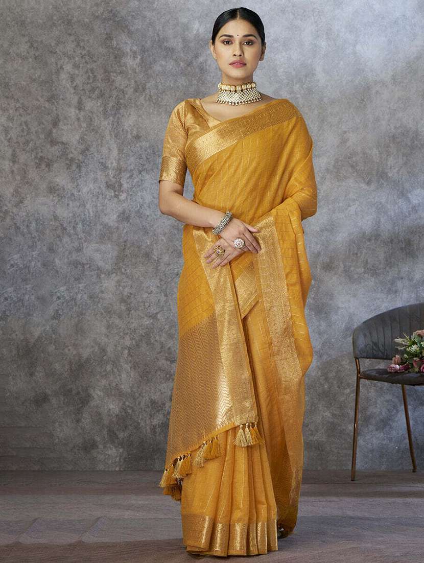yellow cotton chanderi saree with blouse - 21669035 - Zoom Image - 0