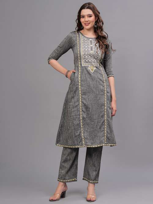 women embroidered round neck kurta pant set - 21669432 - Standard Image - 0