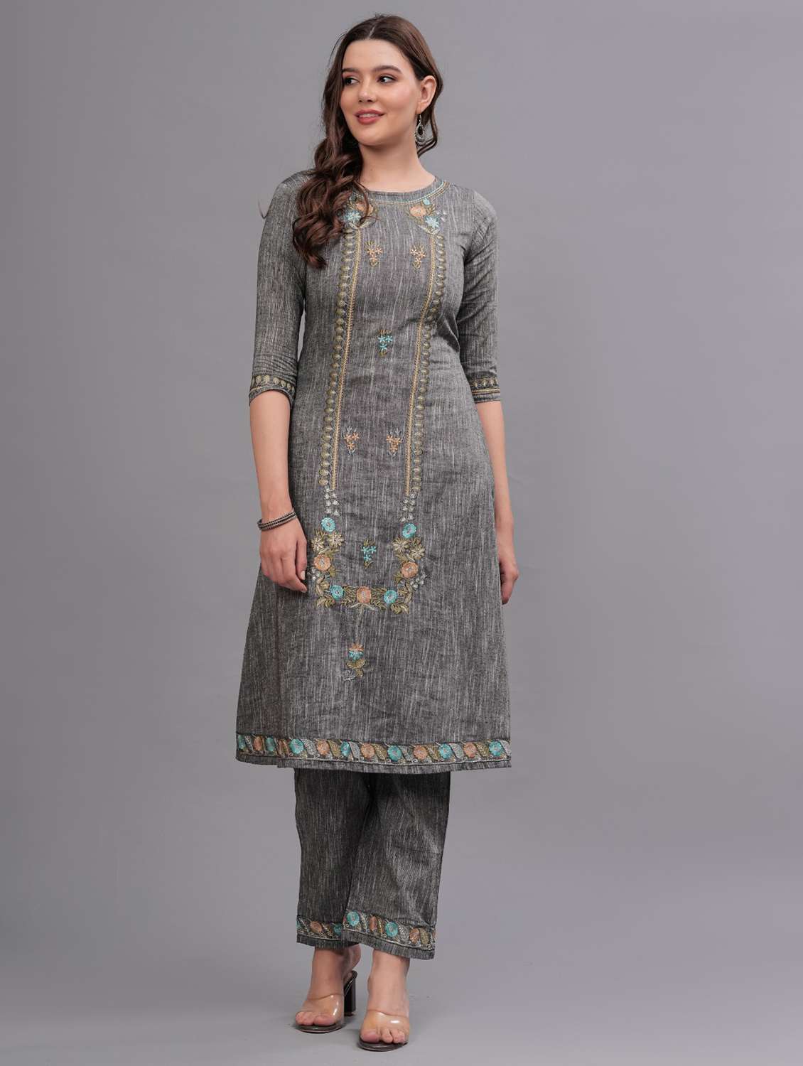 women embroidered round neck kurta pant set - 21669441 - Zoom Image - 0