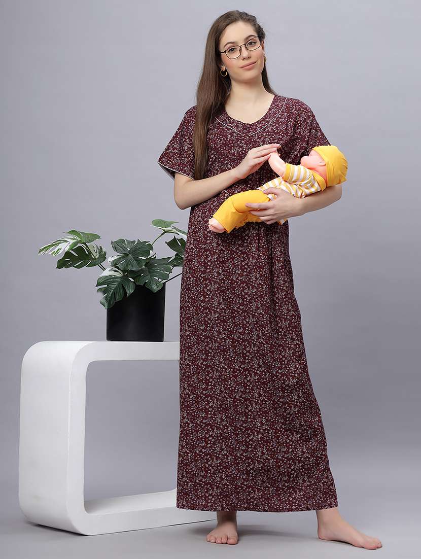 women round neck printed maternity wear nighty