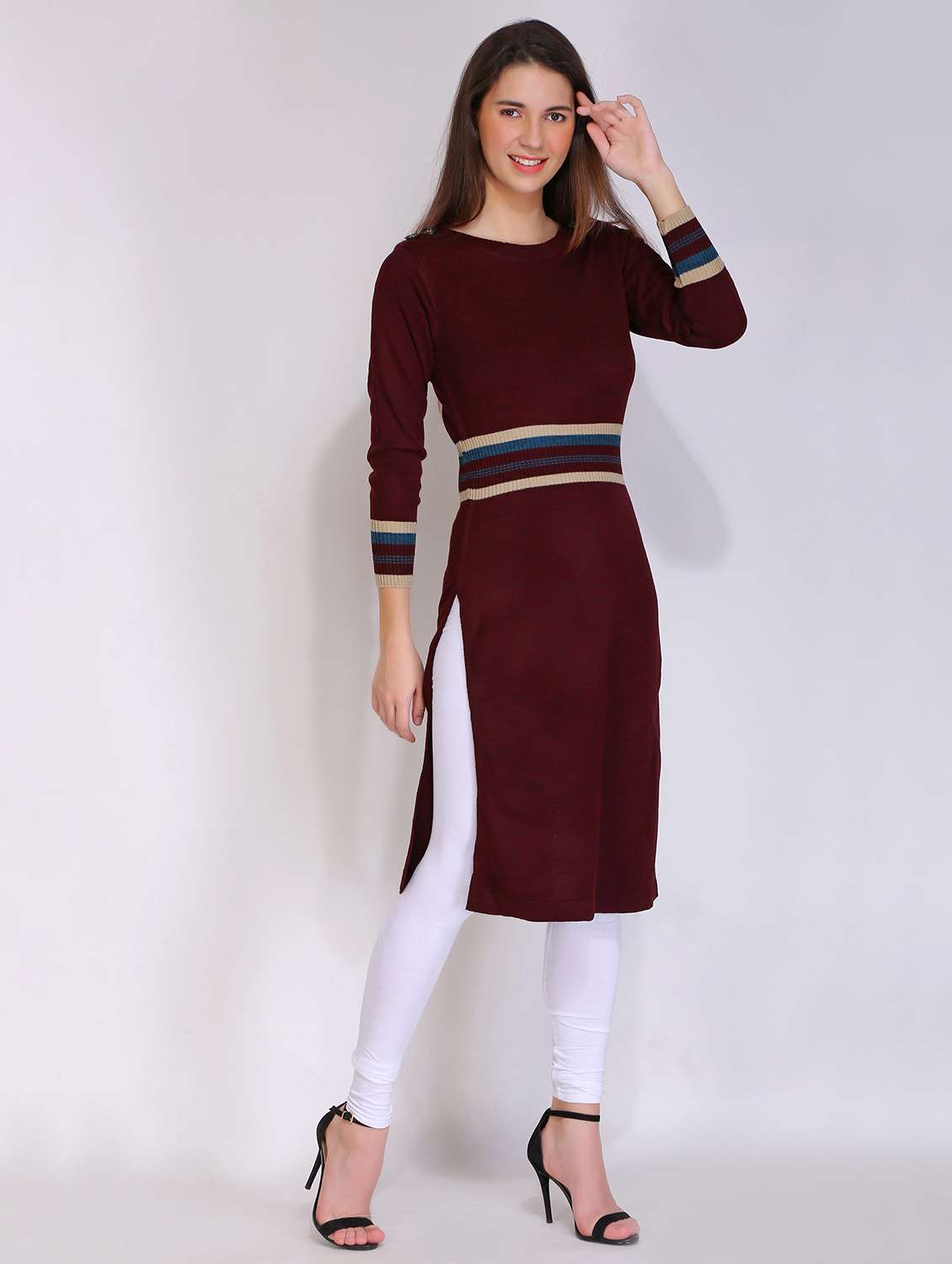 women striped long sleeves woolen kurta