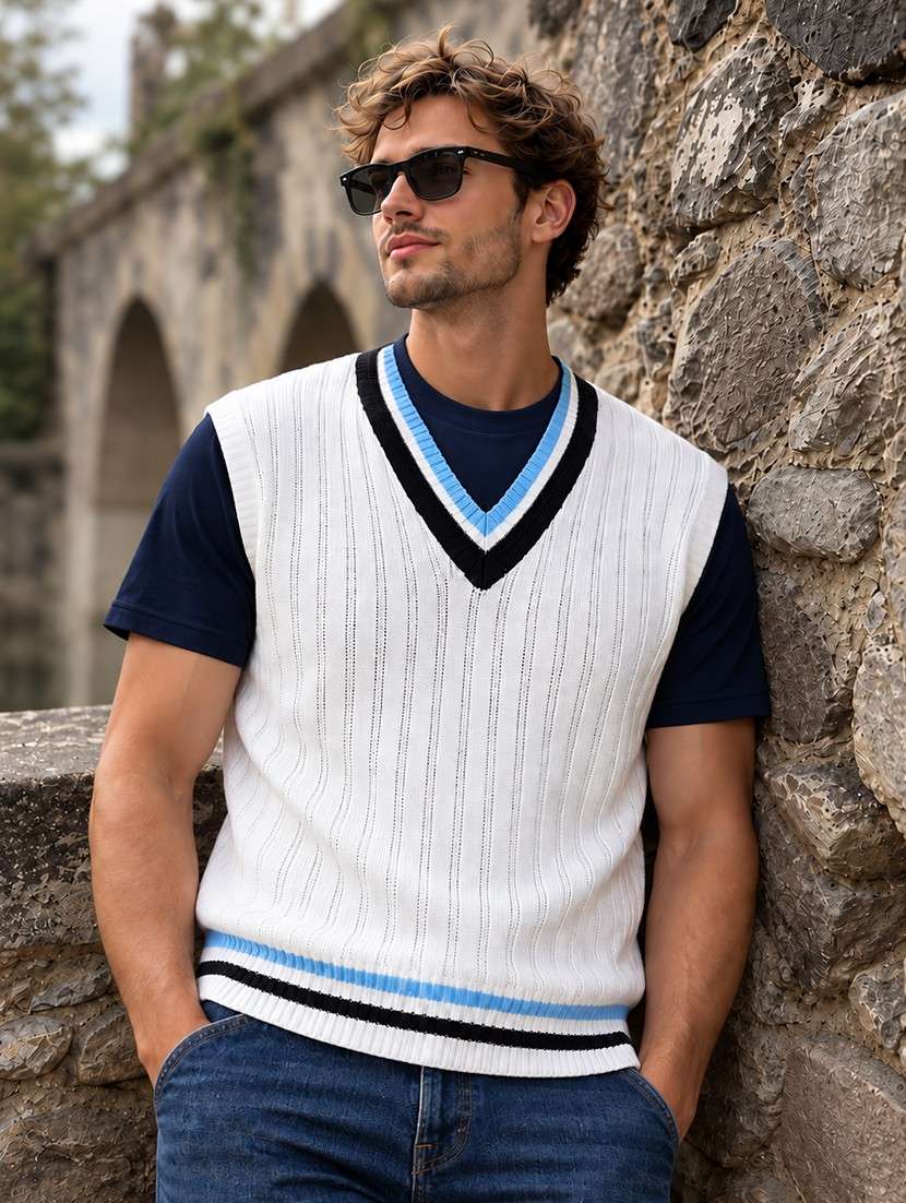 men v-neck self design pullover