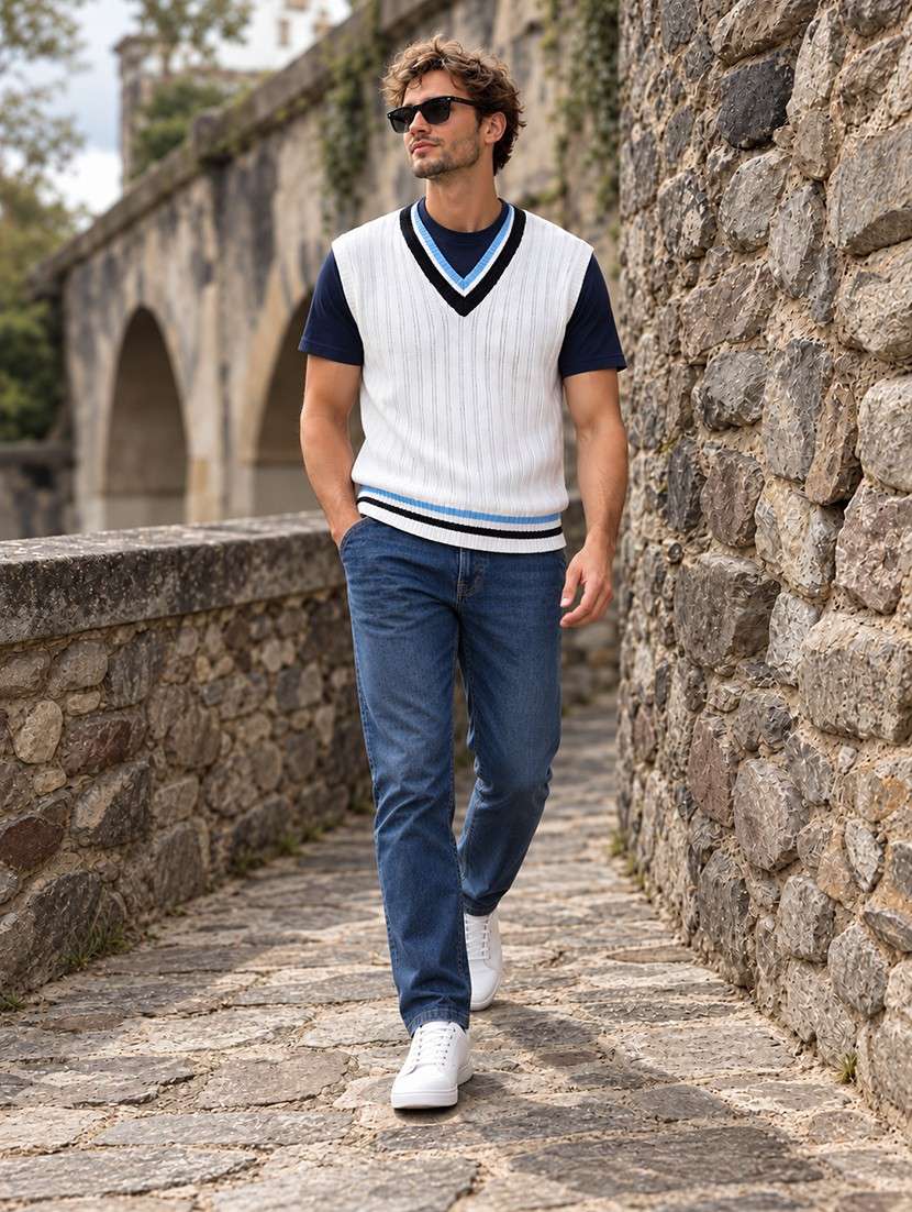 Men V-neck Self Design Pullover - 21669641 -  Standard Image - 3