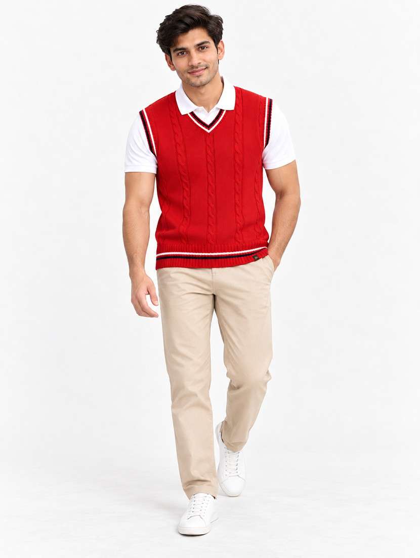 Men V-neck Self Design Pullover - 21669642 -  Standard Image - 3