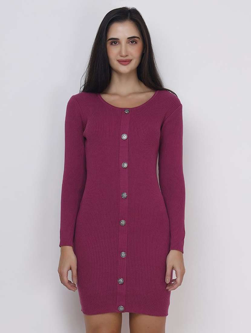 women solid round neck acrylic dress