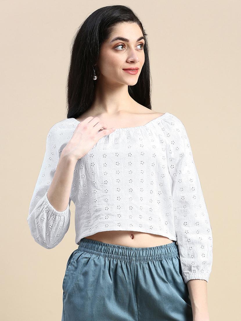 women schiffli detailed puff sleeves crop top - 21669852 -  Zoom Image - 0