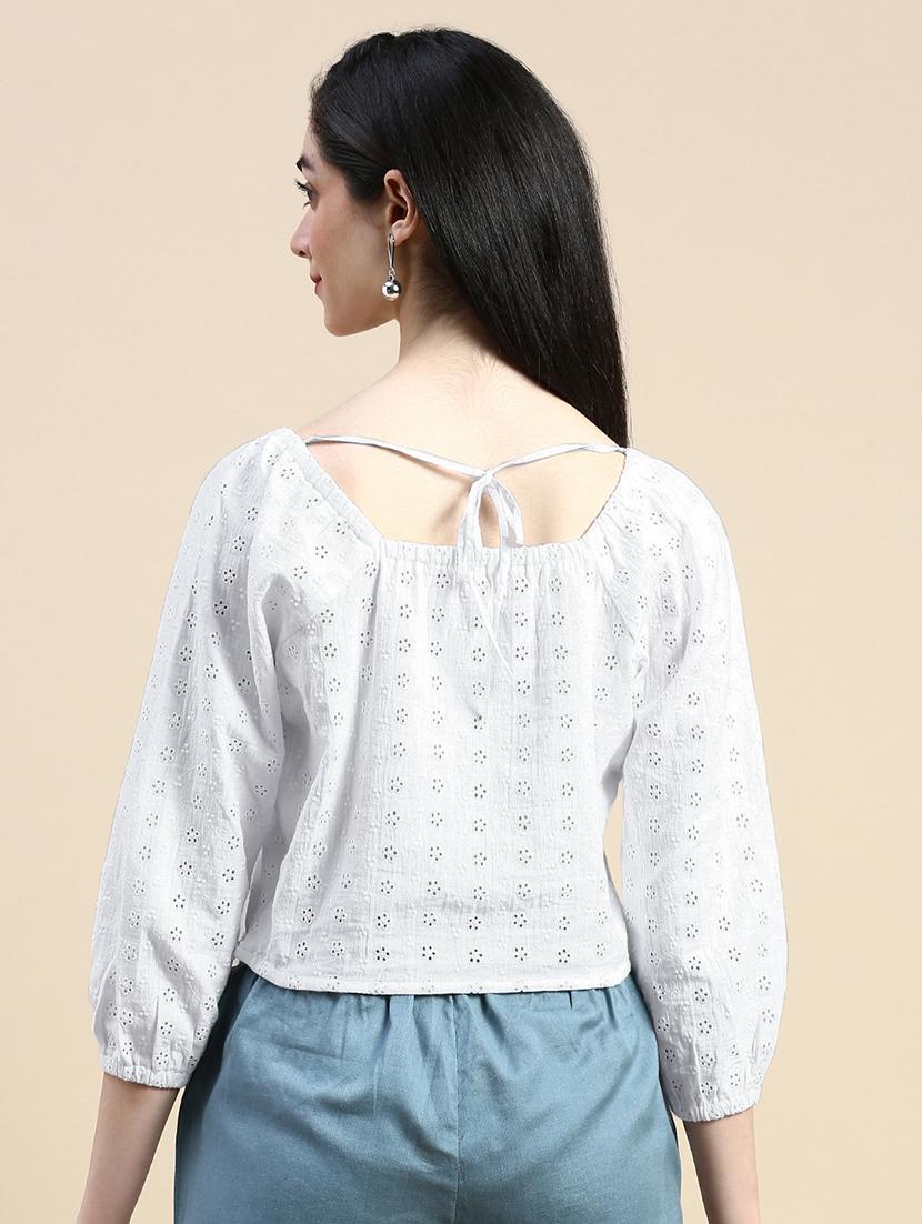 women schiffli detailed puff sleeves crop top - 21669852 - Standard Image - 3