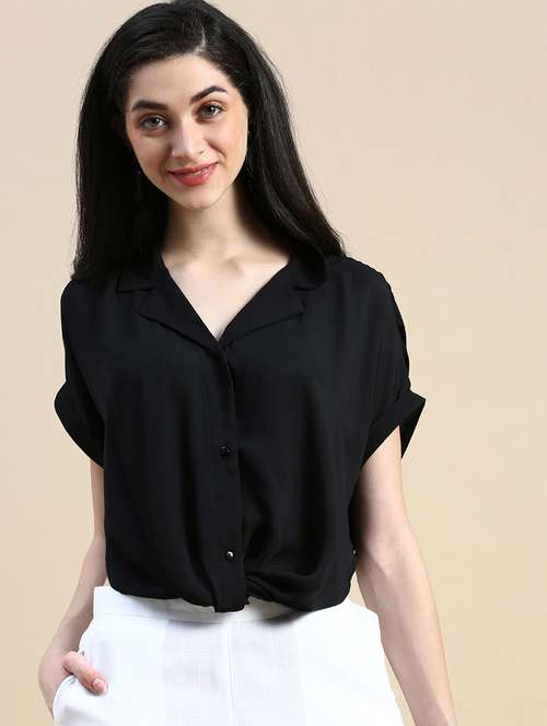 women solid collared relaxed fit crop shirt - 21669854 - Standard Image - 0