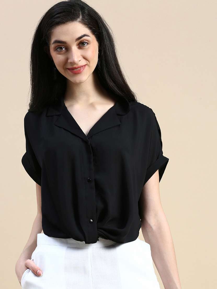 women solid collared relaxed fit crop shirt - 21669854 - Zoom Image - 0
