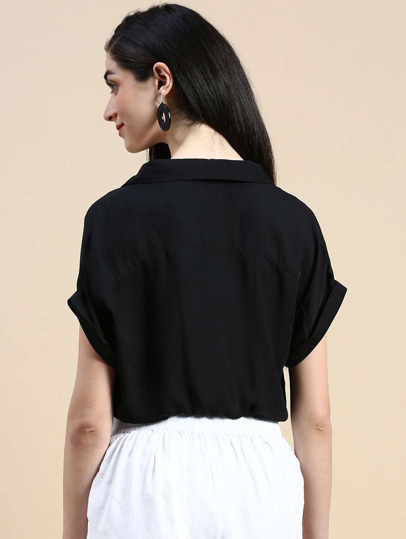 women solid collared relaxed fit crop shirt - 21669854 - Standard Image - 3