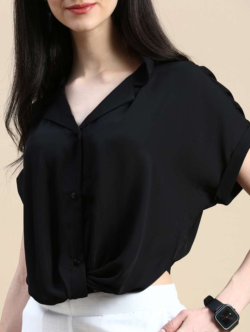 women solid collared relaxed fit crop shirt - 21669854 - Standard Image - 5