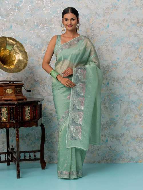 women green embroidered saree with blouse - 21670018 -  Standard Image - 0