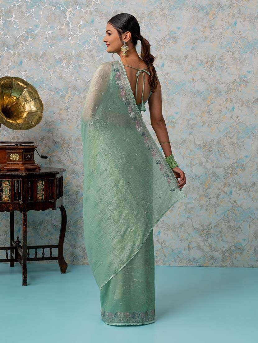 women green embroidered saree with blouse - 21670018 - Standard Image - 3