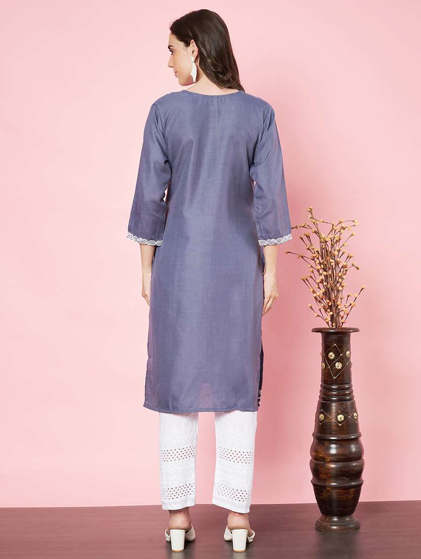 women chikankari three quarter sleeve straight kurta - 21670121 -  Standard Image - 3
