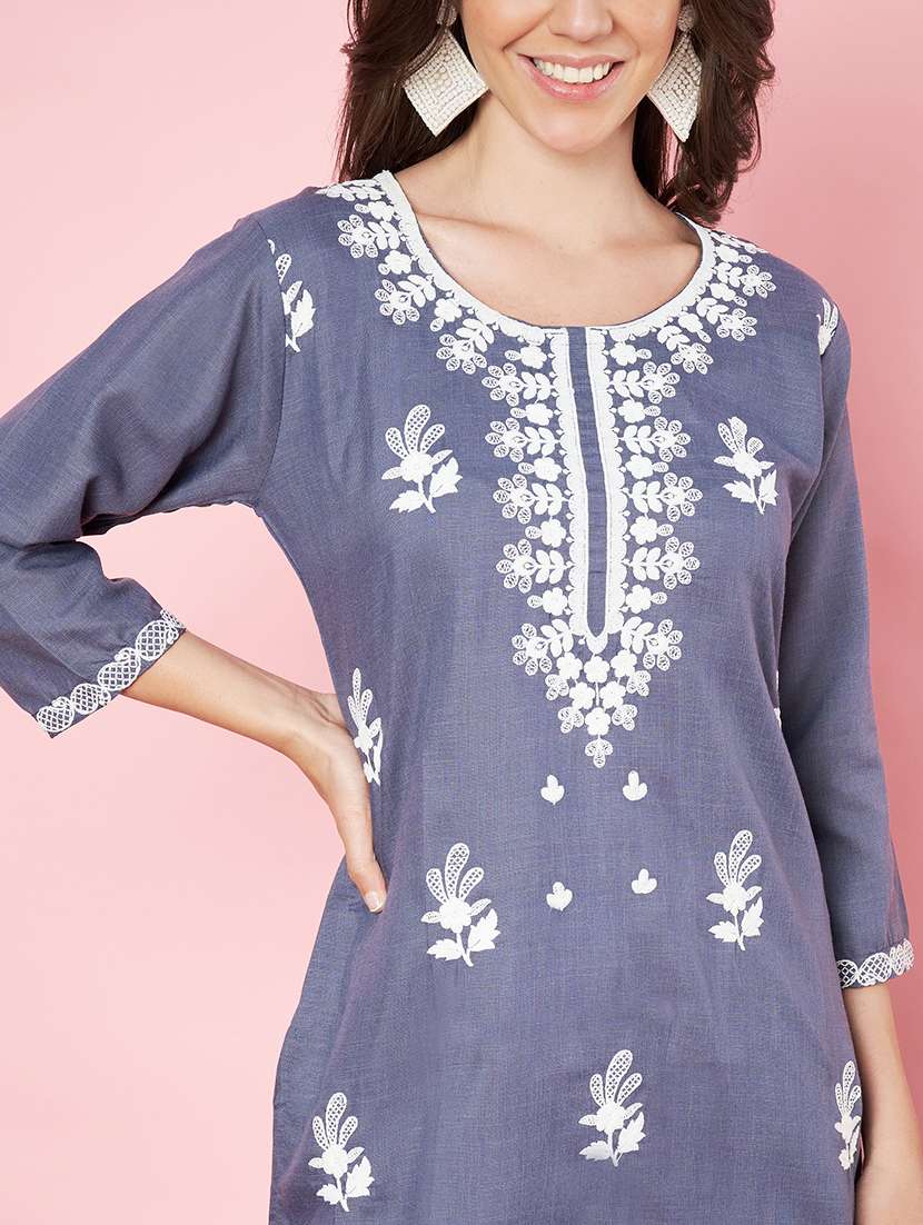 women chikankari three quarter sleeve straight kurta - 21670121 -  Standard Image - 5