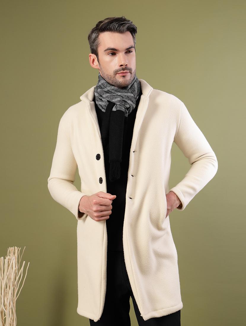 men off white solid long sleeve coat