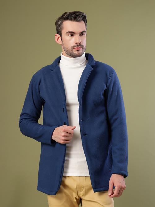 men blue solid long sleeve coat - 21670166 - Standard Image - 0