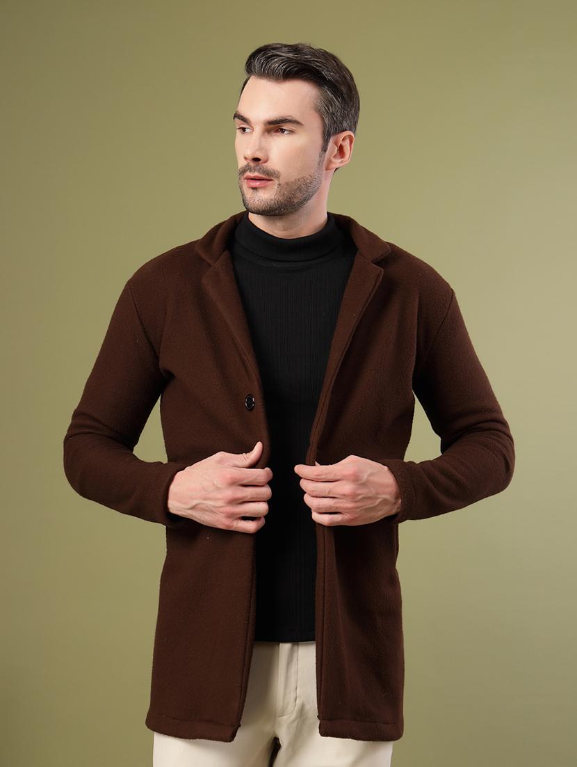 men coffee brown solid long sleeve coat - 21670167 -  Zoom Image - 0