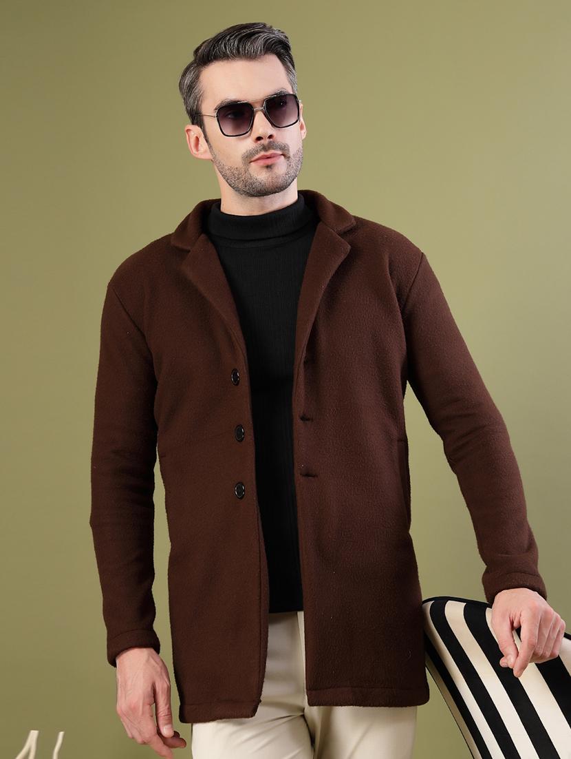 men coffee brown solid long sleeve coat - 21670167 - Standard Image - 3