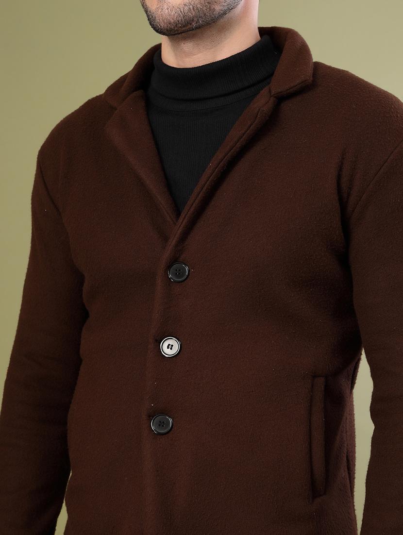 men coffee brown solid long sleeve coat - 21670167 - Standard Image - 5