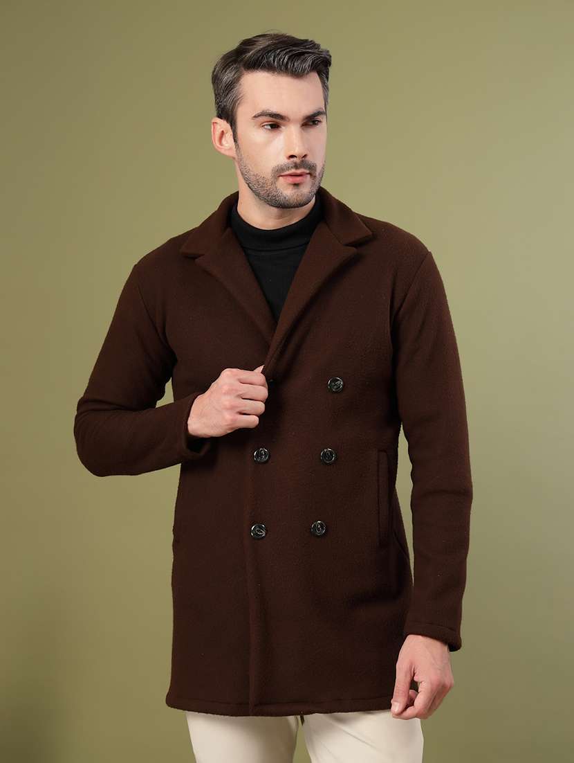 men brown solid long sleeve coat