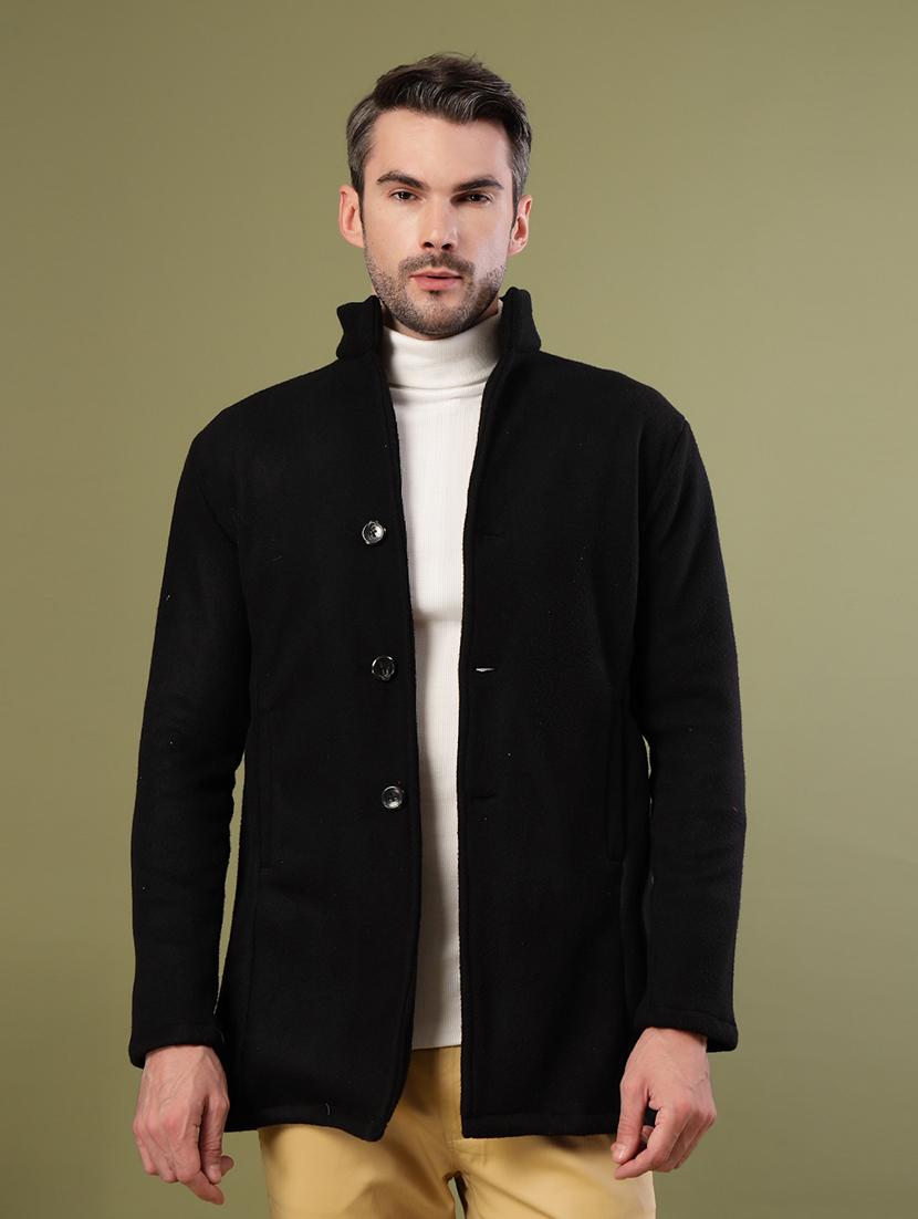 men black solid long sleeve coat