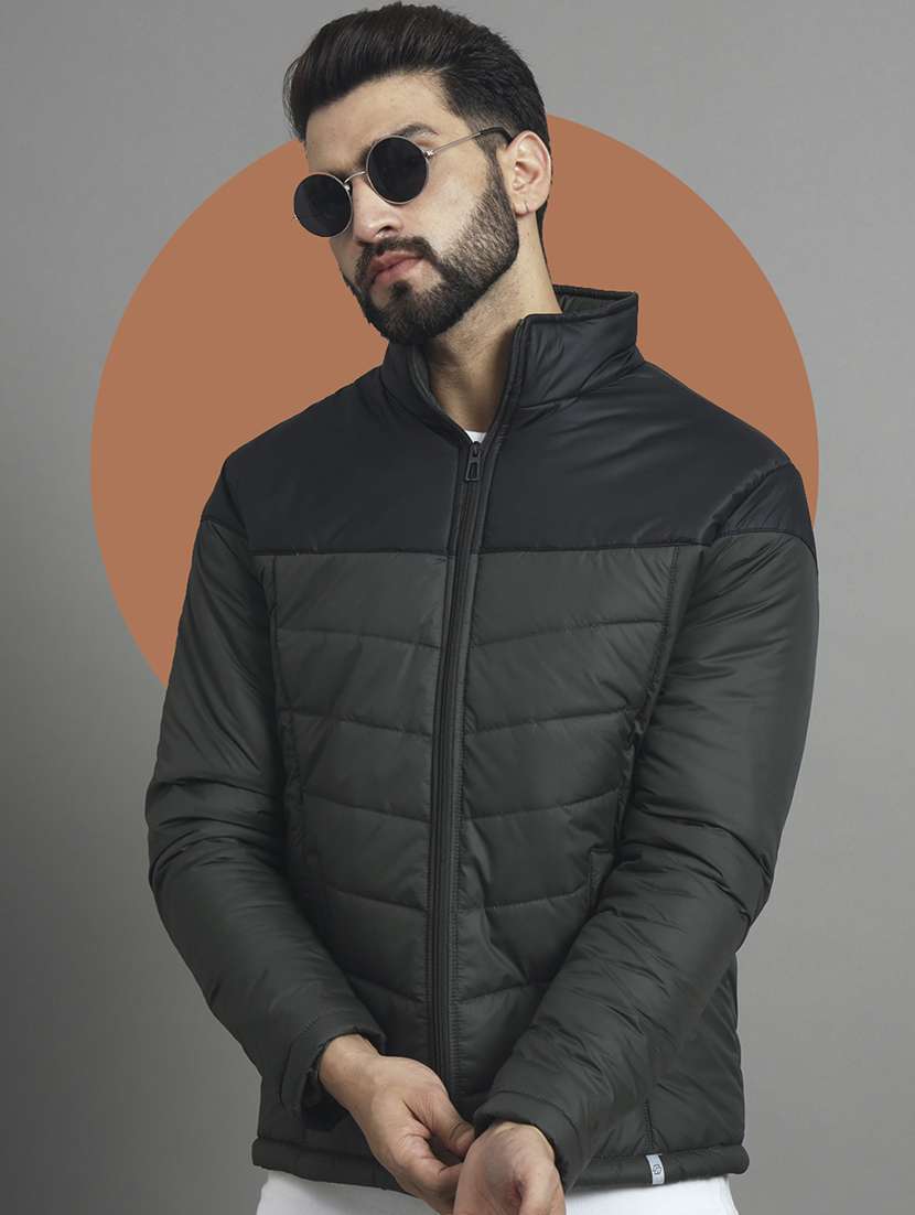 men long sleeve color block quilted jacket