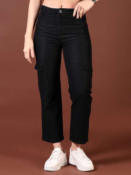 women solid mid rise denim cargo