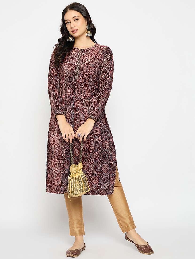 women printed long sleeves woolen kurta - 21670949 -  Standard Image - 3