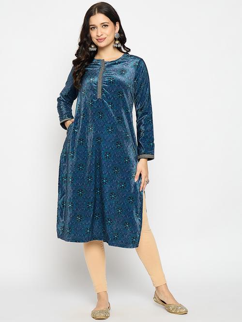 blue velvet woolen kurta - 21670950 - Standard Image - 0