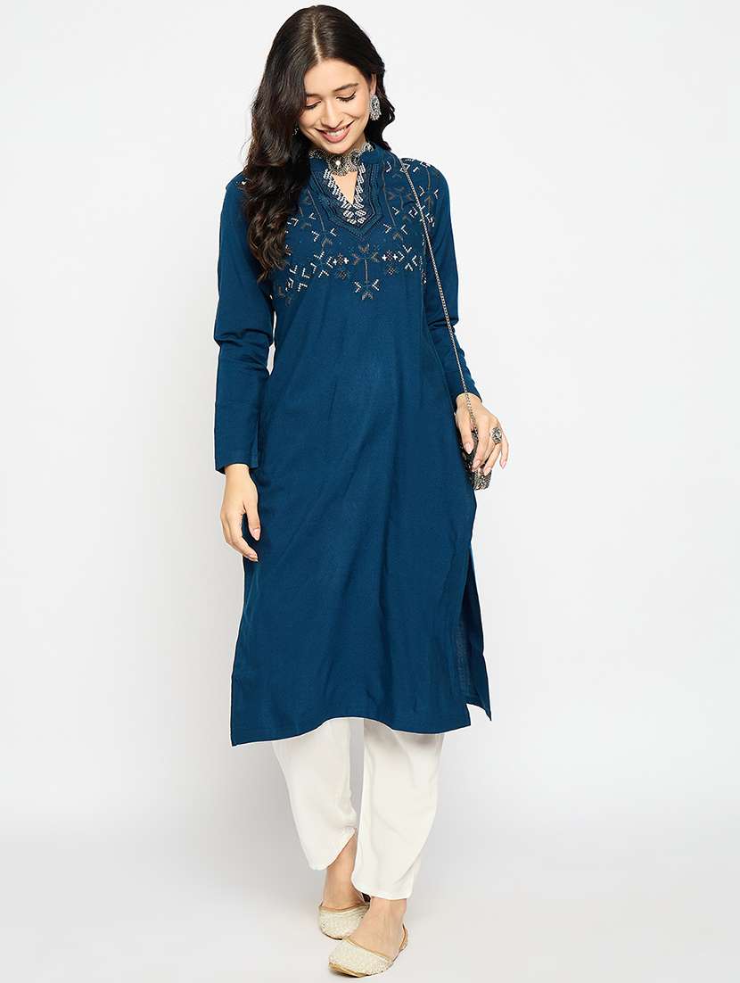 blue acrylic blend woolen kurta - 21670952 -  Standard Image - 3