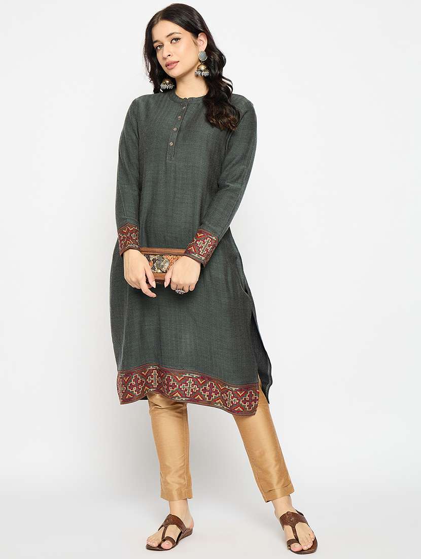 grey acrylic blend woolen kurta - 21670953 - Standard Image - 3