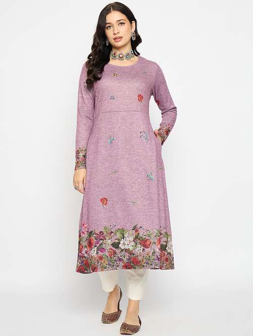 pink acrylic blend woolen kurta - 21670954 -  Standard Image - 0